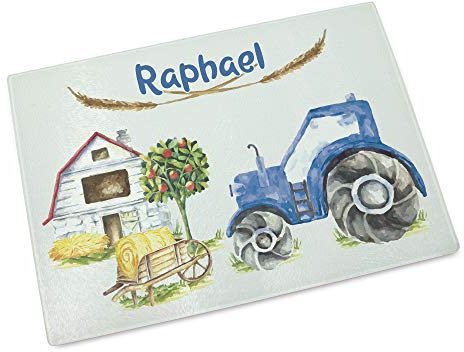 GRAZDesign Traktor Frühstücksbrettchen Kinder mit Namen personalisiert aus Glas | personalisiertes Brotzeitbrett | Schneidebrett für Jungen Trecker mit Bauernhof