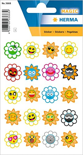 HERMA 3668 Aufkleber Smiley Blumen klein groß, 20 Stück, Belohnung Sticker mit lustigen Emoji Gesicht Motiv, Kinder Etiketten für Schule Grundschule Schüler Tagebuch Scrapbooking Geburtstag Deko DIY
