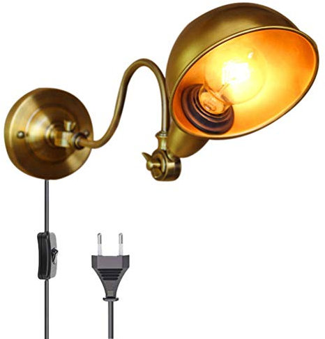 Retro Kupfer Farbe Wandleuchte mit Schalter Und Netzkabel Einstellbar Kopf Vintage Industrial Wandlampen Leseleuchte Schlafzimmer Nachttischleuchte Verstellbar Metall Lampenschirm E27 Messingfarbe