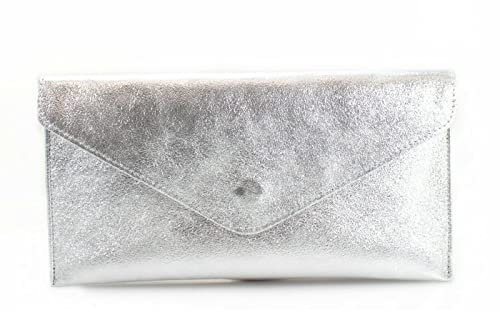 00 Women's Real Leather Envelope Clutch Evening Bag Ladies Suede Shoulder Handbag Metal Zip Closure Bag Ladies Party Handbag Women Hangout Shoulder Bag (Silver (Real Leather))