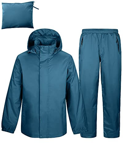 Herren Regenanzug Reflektierender Wasserdichter Anzug Outdoor Regenmantel Packbare Winddichte Regenjacke+Regenhose Atmungsaktive für Fischen Wandern Camping Blau M