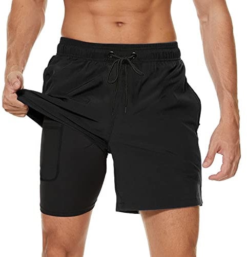 Arcweg Badehose für Herren mit Kompression Liner 2 in 1 Atmungsaktiv Badeshorts Männer Elastisch Trainingsshorts Verstellbar Tunnelzug mit Reißverschlusstaschen Schwarz L