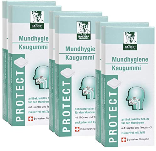 BADERs PROTECT - Gomas para masticar de farmacia, protección antibacteriana para la cavidad bucal con aceite de árbol de té, té verde y Xylit, 6 x 20 cuadrados de chicle