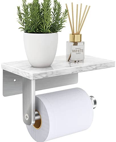 Toilettenpapierhalter mit Natürlich Marmor Ablage, Gypie Klopapierhalter Gebürstetes Nickel, 304 Edelstahl Klorollenhalter mit Bohren, Rostfrei Matt Wc Papier Halterung Wandmontage für Badzimmer