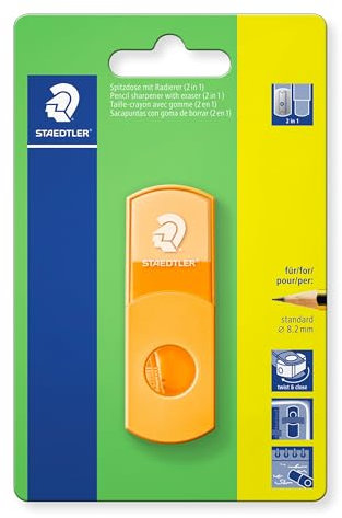 STAEDTLER Spitzdose mit Radierer, neon-orange, phthalat- und latexfrei, für Stifte im Standardformat, wiederverschließbar, 2 in 1 Spitzer auf Blisterkarte, 511SE-F4BK
