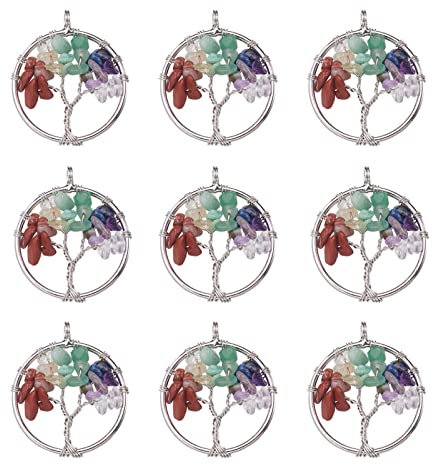 Craftdady 10Pcs albero della vita ciondoli di cristallo quarzo naturale burattato pietra cava albero Charms filo avvolto per gioielli che fanno collana, colorato