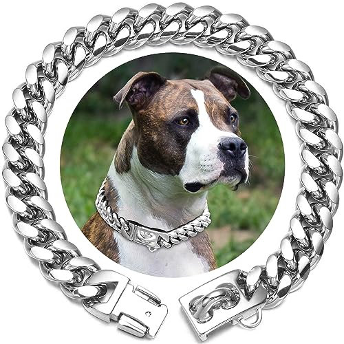 14mm Wide Silver Dog Chain Collar Walking Metal Chain Collar with Design Secure Buckle,18K Silver Plated Cuban Link Strong Heavy Duty Chew Proof for Small Medium Big Dogs(25cm,Silver)