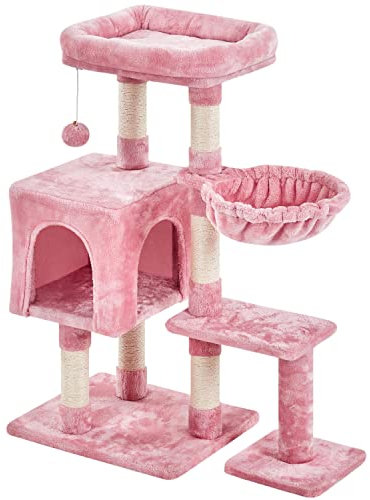 Yaheetech Kratzbaum 96 cm hoch Katzenbaum Kletterbaum für Katzen, mit Sisal Plüsch Katzenhöhle und Korb Rosa