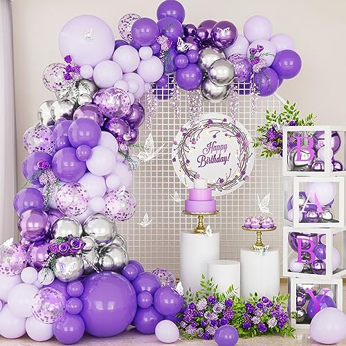 Lila Ballon Bogen Kit, 113 Pcs lila Metallic Silber Konfetti Luftballons Bogen Girlanden Kit mit 3D Schmetterlings Zubehör für Mädchen Geburtstagsfeier Jahrestag Hochzeit Baby Shower