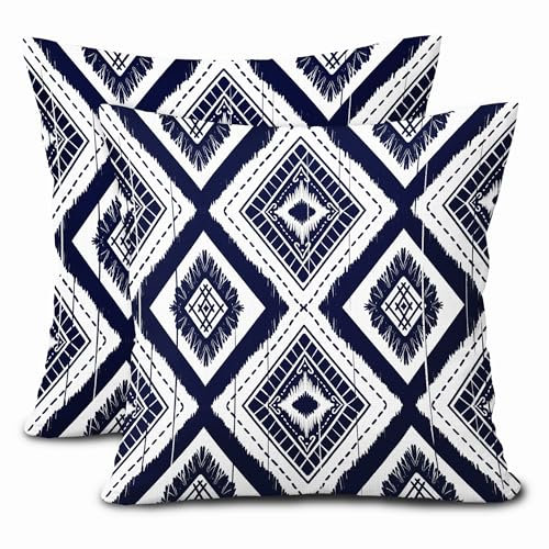 Marineblau-weiße geometrische Kissenbezüge, 45,7 x 45,7 cm, Indigoblau, Elfenbein, Diamant, Ikat, Couch-Kissenbezüge, Boho, modern, schick, quadratisch, 2er-Set, Heimdekoration für Couch, Sofa, Bett,