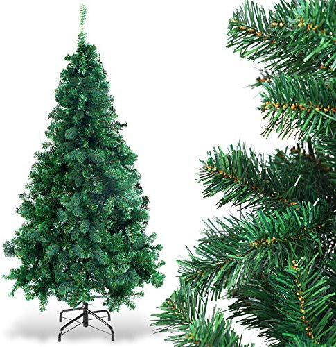 GOPLUS Sapin de Noël Artificiel 150cm, Arbre de Nöel avec 350 Branches, Base en Fer, Feuilles en PVC, Décoration de Noël, Idéal pour Suspendre Guirlande de Lumières et Etoile, 4 Tailles, Vert