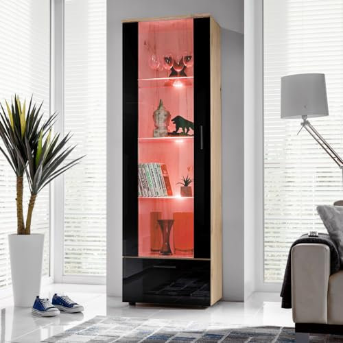 Komodee, Vitrine Schrank Alessandria, Wotan/Schwarz, Breite 60cm x Höhe 192cm x Tiefe 42cm, LED RGB, 3 Glasböden, 1 Regal aus laminierter Platte, für Wohnzimmer, Schlafzimmer