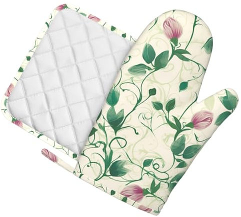 Ofenhandschuhe und Topflappen-Set, 2 Stück, Ofenhandschuhe mit Aufhängeschlaufen, Weinreben-Blumendruck, hitzebeständig, Küchenhandschuh zum Kochen, Backen, Grillen