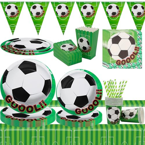 Fußball Partygeschirr Set,77 Stück Fußball Kinder Geburtstagsdekoration Pappteller Set,Fußball Partyzubehör Geschirr Party Supplies, Junge Geburtstagsfeier Teller,Tischdecke, Tasse Für 10 Gäste