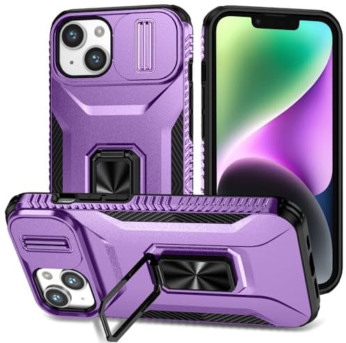 Hitaoyou iPhone 14 Case with Camera Cover & Kickstand, Military Grade Shockproof Heavy Duty Protective Case for iPhone 14 Purple