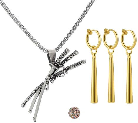 Zaky Anime Cosplay Zubehör One P. Schmuck Samurai Schwert Anhänger Zoro Halskette Ohrclip Set mit Cartoon Charakter Aufkleber (kein Ohrlochstechen erforderlich) 14 Stück
