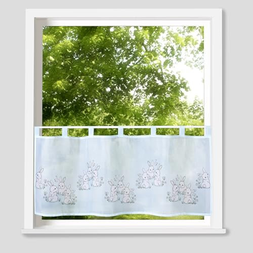 Scheibengardine 45x120 cm Hasen Hellblau - Fenster Deko Frühling Hase Ostern Kinder Zimmer