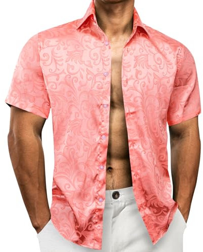 Barry.Wang Chemise à manches courtes en satin pour homme, tendance, formelle, boutonnée, robe de fête de mariage, chemises à manches courtes, rose corail, XXL