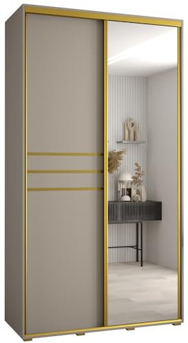 MEBLE KRYSPOL Dakota 11 Schrank mit Zwei Schiebetüren - Moderner Kleiderschrank mit Spiegel, Kleiderstange und Regalen - 235,2x140x60cm - Kaschmir Gold