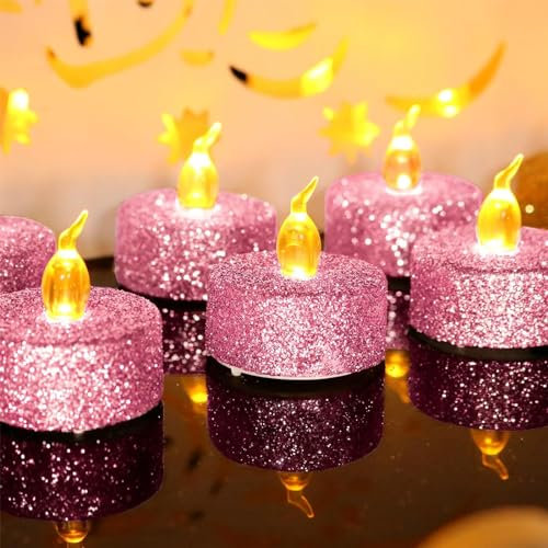 YiYFiT Roses Sparkling LED Tea Light Bougies, Pack de 12 Batterie Jaune Chaud Clignotant Faux Tea Light, réaliste sans Flamme Tea Light