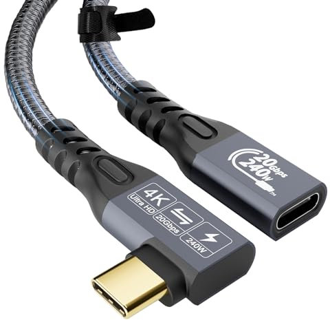 YIWENTEC USB C Cable to USB C 3.2 Gen2 X 2 male female angle Type C Charging Cable, 20 Gbps Data Transfer, 240 W 48 V/5 A Fast Charging Cable, 4K @ 60Hz Video Transfer (0.5M)