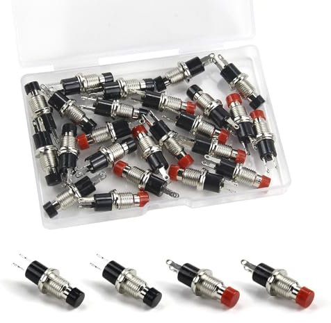 OMIGA 24 Piezas 7mm Momentáneo Mini Pulsador 2 Pin SPST Normal Abierto ON/OFF Interruptor Pequeño de Botón 3A 220V AC Pulsador Redondo para Entusiastas Del DIY Negro/Rojo