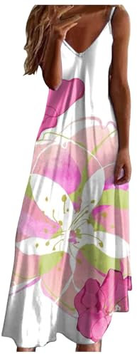 WVONIF Robe Droite Ete Femme Chic Robe sans Manches Col en V Cordon Taille Plage DéContracté Sangle Mini Robe avec Poches ImpriméE DéBardeur Robe Pas Cher Robe De SoiréE Femme （ Rose Vif, S