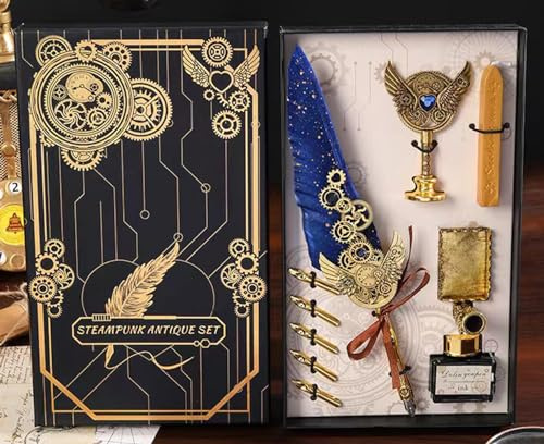 LSFCHYBY Quill Feather Pen and Ink Set,Calligraphy Set,Calligraphy Kits Include Antique Quill Feather Pen,5Nibs,1 Bottles Inks,Pen Holder,Seal Stamp and Wax,for Beginners Birthday Gift (navy blue)