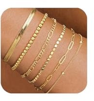 JENCVNL 6PCS Gold Chain Bracelets for Women, Gold Stacking Bracelets Twist Rope Figaro Herringbone Bead Chain Bracelet Adjustable Link Charm Bracelet for Women Girls (Golden Set 2)