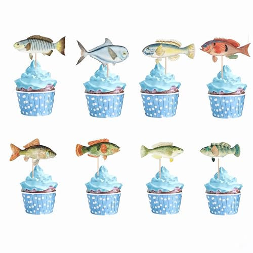 Fish Cake Decorations, 20PcsDouble-Sided Print Fishing Cake Topper for Happy Birthday Party Cupcake, Baby Shower Boy Girls Shark Fisherman Theme Party Supplies