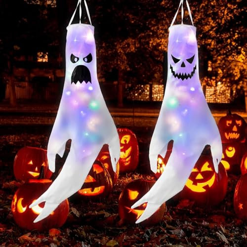 Halloween Geist Windsack Mit LED Lichtern, Ghost Face Windsäcke Flagge für Party Horror, Outdoor Gruselig Windfahne, Geister Deko für Draußen, Garten, Weg