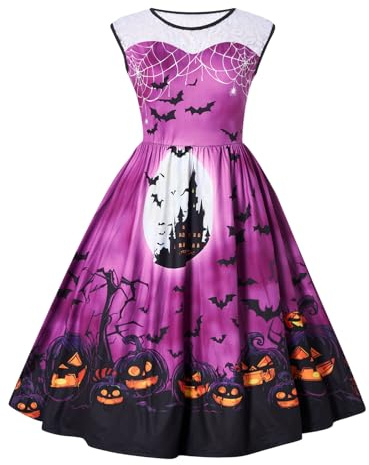 Evensu Women's Purple Halloween Dresses Sleeveless High Waist Dress Pumpkin Castle Print Cocktail Party Dress Size 20-22