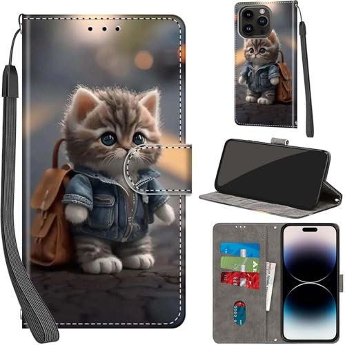 Haninsuze for iPhone 15 Pro Max 6.7-Inch Case PU Leather Wallet Book Flip Folio Stand View Magnetic Multi-Pattern Cover compatible with iPhone 15 Pro Max Phone Case (Cat)