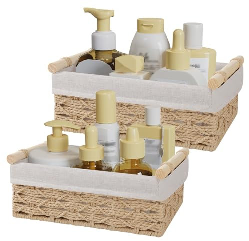Yawinhe Juego de 2 Cesta de Almacenamiento Tejida a Mano, Cesto de Almacenaje con Cuerda de Papel, Caja Decorativa con Mango de Madera, para Baño, Cocinas, Salones, Natural, SNL001N