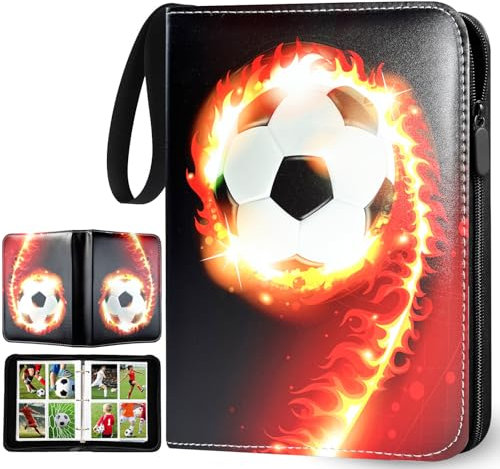 Fußball Karten Sammelalbum mit Reißverschluss und 50 Herausnehmbaren Hüllen, 4 Taschen Fussball Sammelkarten Album für 400 Karten, Groß Sport Karten Heft, 3 Ringe Karten Mappe Binder