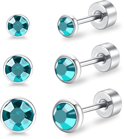 Artskin Damen Ohrstecker Titan Mädchen Frauen Flatback Ohrringe Hypoallergen Kristall Herren Ohrringe Silber Knorpel Ohrring 3mm/4mm/5mm (Blue Zircon)