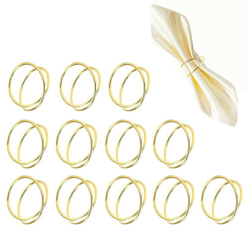 Serviettenringe Goldene,12er-Pack Herz Serviettenring Tischaccessoires für Hochzeiten,Dinnerpartys,Weihnachten,Tischdekorationen Wiederverwendbare Serviettenhalter mit Elegantem Doppelkreis-Design