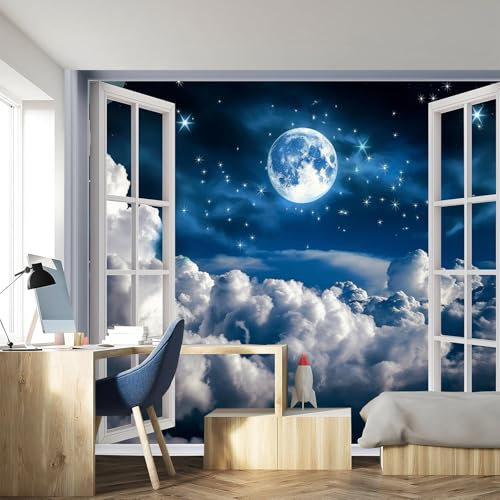 NAWVNMI 3D False Windows Wallpaper for Kids Bedroom Peel and Stick Night Sky Moon Clouds Wallpaper Self Adhesive Removable Wall Mural for Walls(200x140cm(78x55)) Wall Sticker for Bedroom
