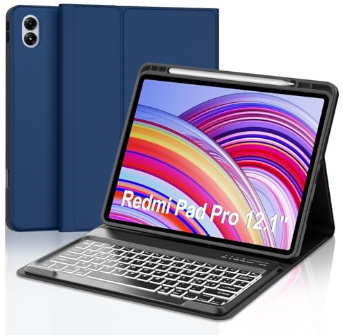 JADEMALL Tastiera Redmi Pad Pro 12.1 2024/Xiaomi Poco Pad, Custodia Tastiera per Xiaomi Redmi Pad Pro 12.1, Italiana QWERTY Tastiera Retroilluminata Bluetooth per Redmi Pad Pro 12.1, Blu