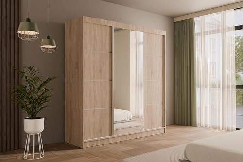 ALTDECOR Kleiderschrank mit Spiegel und Schiebetüren, Garderobenschrank mit viel Stauraum, Schwebetürenschrank, Schrank V2-LOFTIA 215x200 cm Sonoma Eiche