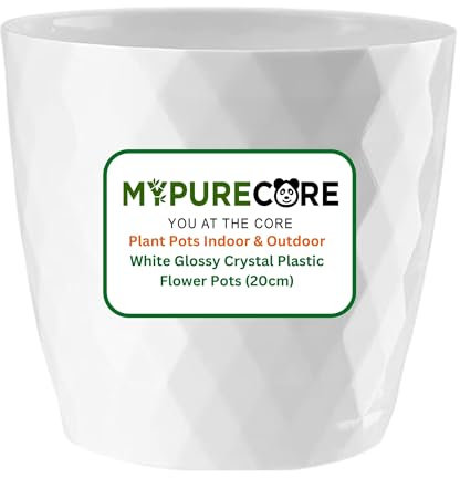 MYPURECORE Plant Pots Indoor 20cm – Stylish Decorative Plastic Flower Pot with Glossy Crystal Surface – Durable Indoor & Outdoor Planter for House Plants, Herbs (White, 20 cm)