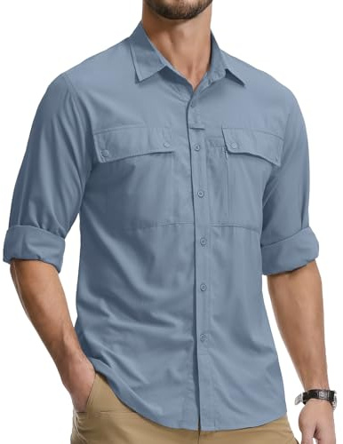 Jessie Kidden Mens Safari Shirts Long Sleeve UV Protection Hiking Fishing UPF 50+ Quick Dry Cooling Camping Travel Shirts #5060-Blue-L