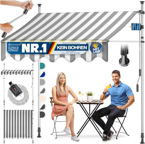KESSER® Klemmmarkise mit Handkurbel & LED Lichterkette | Balkonmarkise ohne Bohren | Markise UV-beständig höhenverstellbar & wasserabweisend | Sonnenschutz für Balkon Terrasse & Garten 350cm