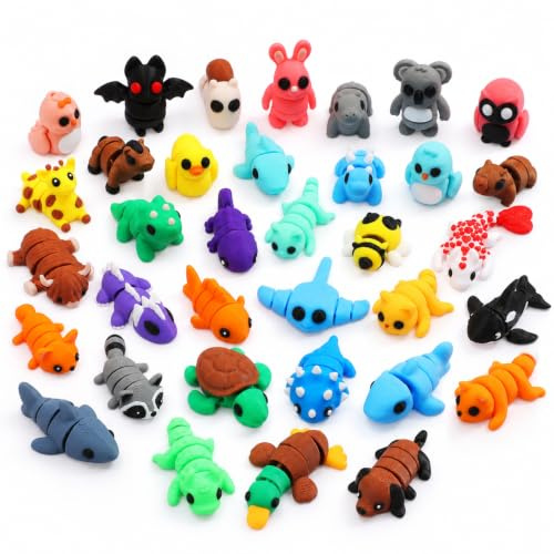 MONJITA 35 pcs Mini 3D Printed Animal Figurines, Flexible Articulated Fidget Toys, Cute Desk Decor, Party Favors, Goodie Bag Stuffers, Gifts for Kids Students Carnival Prizes Rewards (35pcs)