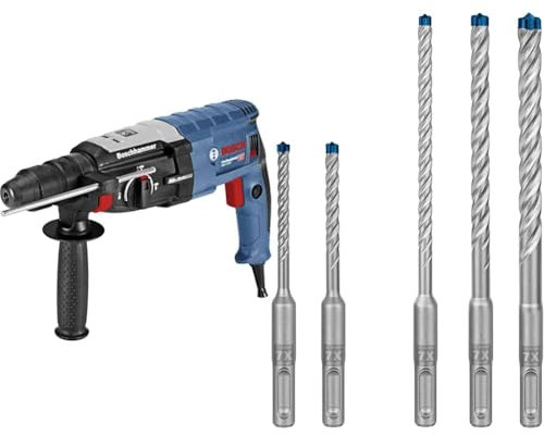 Bosch Professional Bohrhammer GBH 2-28 F (inkl. Zusatzhandgriff, Tiefenanschlag 210mm, Maschinentuch, Wechselfutter SDS-plus) + 5x Expert SDS plus-7X Hammerbohrer Set (für Stahlbeton, Ø 5-10 mm)