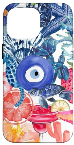 European Summer Preppy Collage Turtle And Evil Eyes Case for iPhone 16 Pro Max