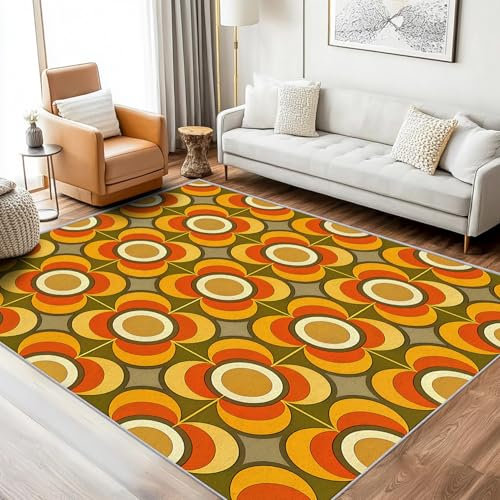 Generisch Teppich 70er Retro Wohnzimmer 100x150 Waschbar, Bunte Blumen Schachbrettmuster Geometrisch Teppiche Gegend Schlafzimmer Deko & Wohnaccessoires, Kurzflor, Weich, rutschfest