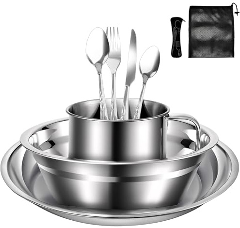 Houbobo 9Pcs Stainless Steel Utensils Camping Cutlery Set with Bowl Plate Cup Fork Knife and Spoons, Portable Tableware Kit for Outdoor Camping Hiking Picnic and Travel