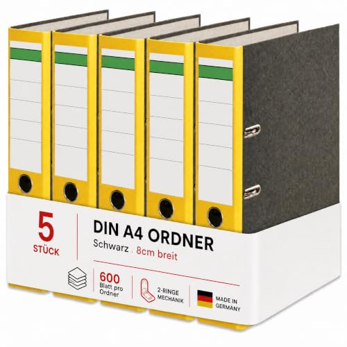 Conipa Ordner A4 Breit 8 cm, 5 Stück, Gelb, für bis zu 600 Blatt | Robuste Aktenordner mit 2-Ring-Hebelmechanik, Griffloch und Recyclingkarton – für Büro, Schule & Homeoffice, Made in Germany