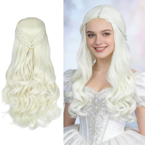 Damen Perücke Blond Perücke,Lang Gewellten Lockig,Lange Gewellt Blond Perücke für Frauen,Cosplay Kostüm Charmante Perücke für Tägliche Karneval Fasching (Weißgold)